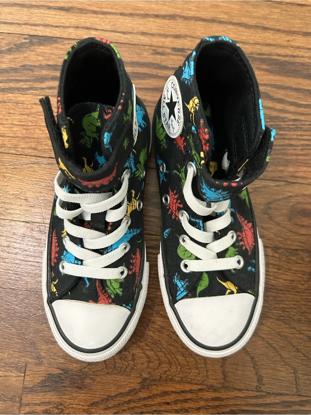 Converse Kids' Size 12 Black High Top Sneakers with Colorful Dinosaur Print